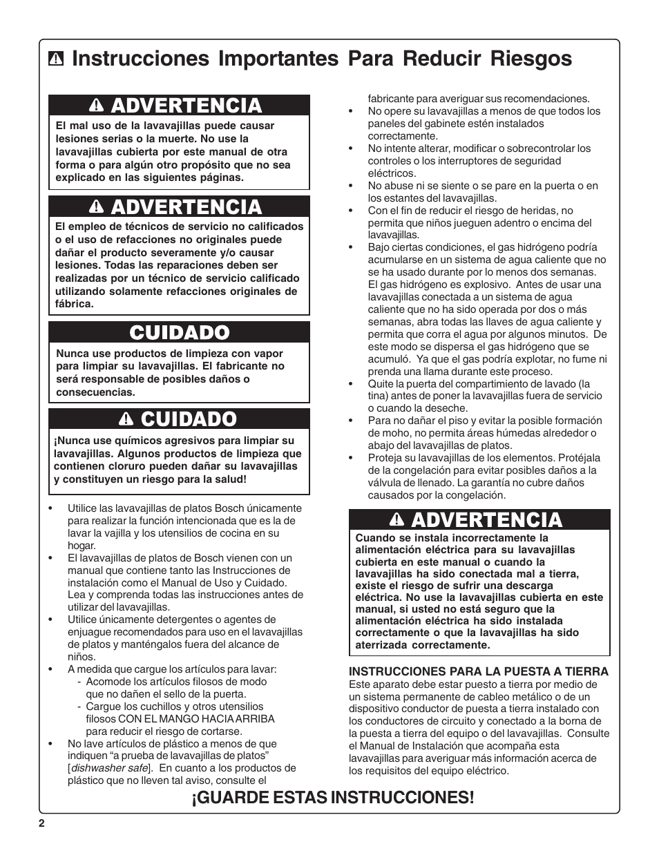 Instrucciones importantes para reducir riesgos, Advertencia, Cuidado | Guarde estas instrucciones | Bosch SHE47C0 User Manual | Page 44 / 64