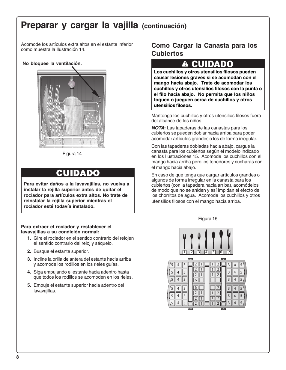 Preparar y cargar la vajilla, Cuidado, Como cargar la canasta para los cubiertos | Continuación) | Bosch SHE47C0 User Manual | Page 50 / 64