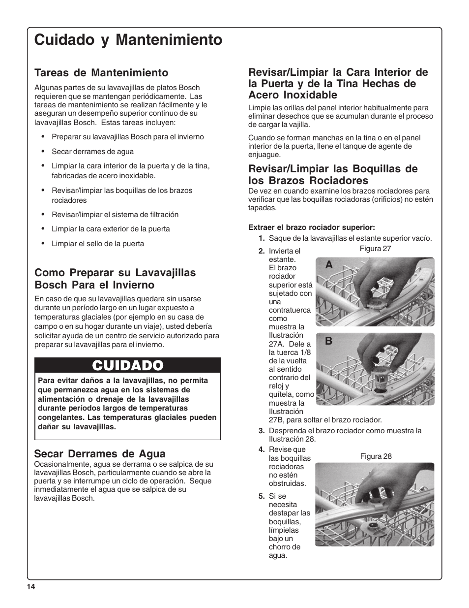 Cuidado y mantenimiento, Tareas de mantenimiento, Secar derrames de agua | Bosch SHE47C0 User Manual | Page 56 / 64