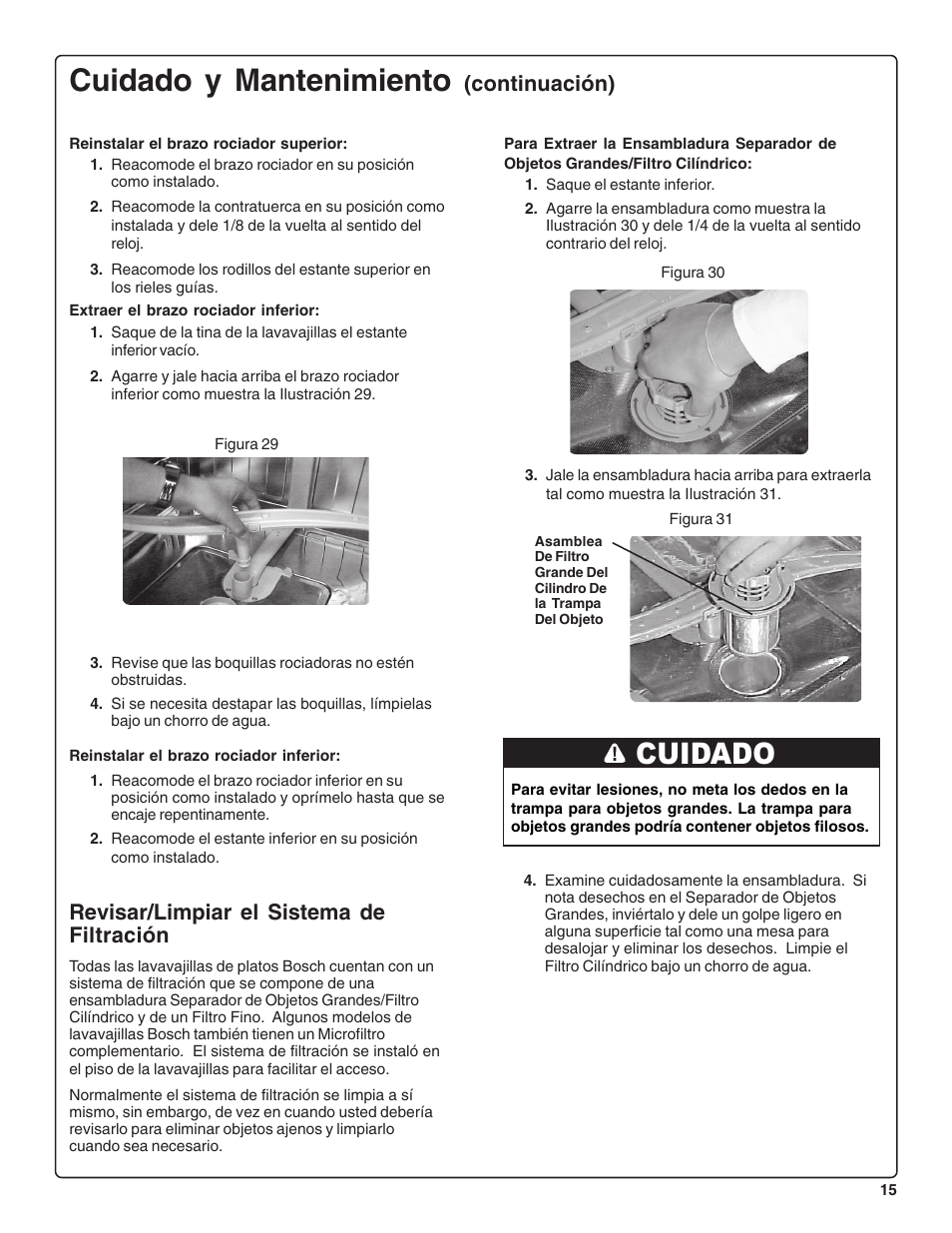 Cuidado y mantenimiento, Cuidado, Continuación) | Revisar/limpiar el sistema de filtración | Bosch SHE47C0 User Manual | Page 57 / 64