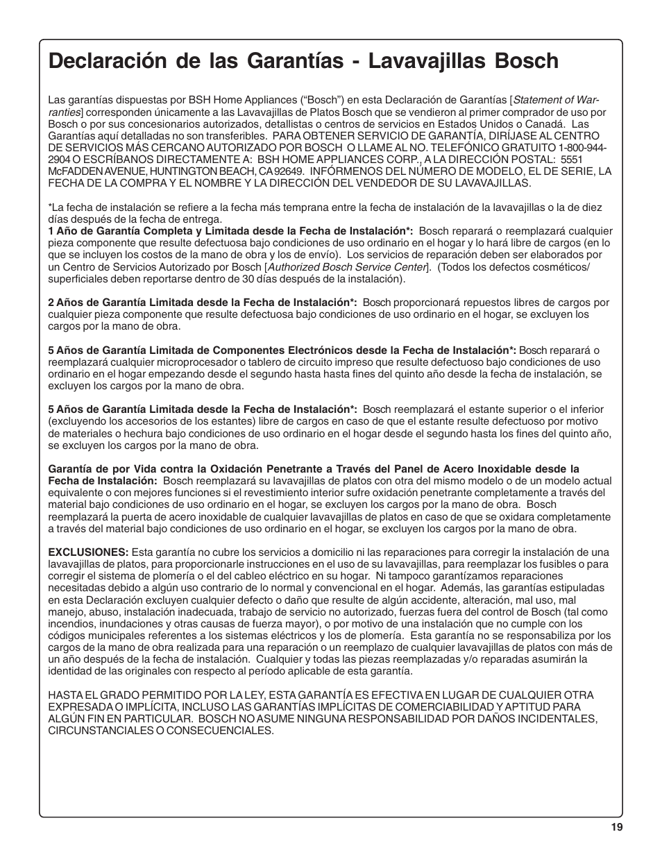 Declaración de las garantías - lavavajillas bosch | Bosch SHE47C0 User Manual | Page 61 / 64