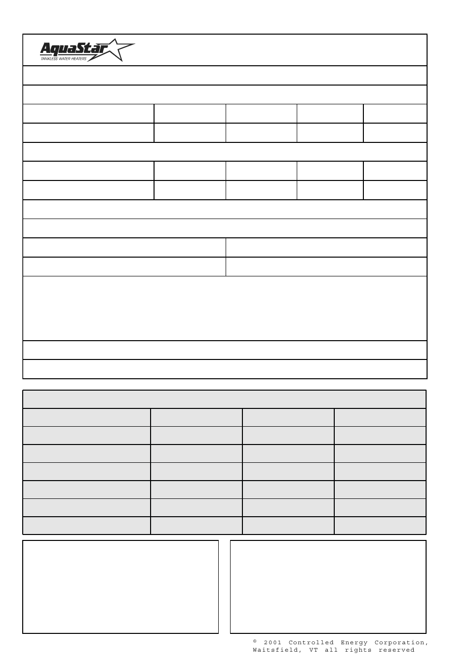 Installation checklist gas line size, Minimum vent size* and height, Water pressure | Controlled energy corp, Maximum length, Minimum diameter minimum height** 5 inches 6 feet | Bosch 125HX NG User Manual | Page 20 / 20