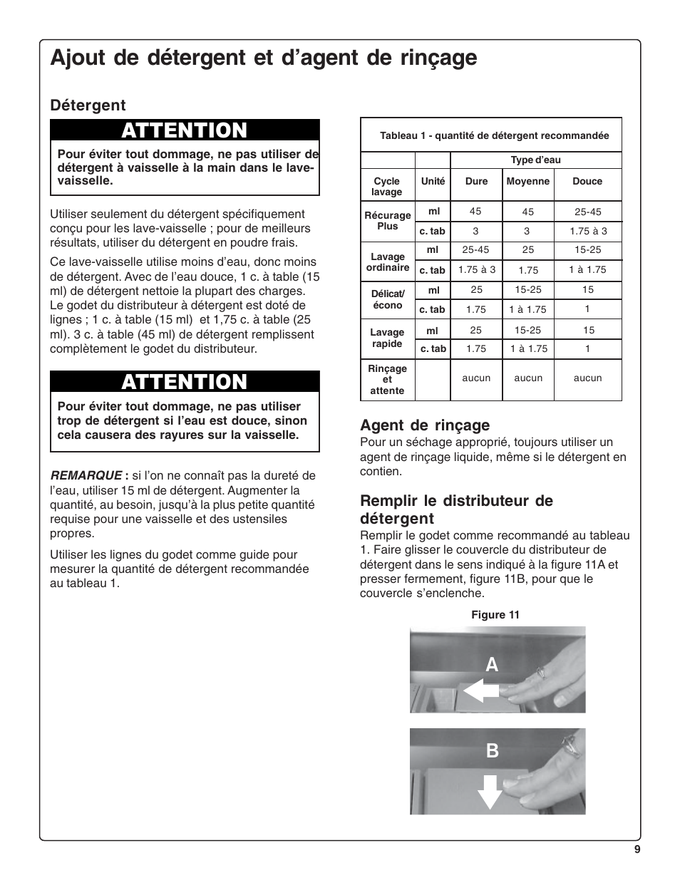 Ajout de détergent et d’agent de rinçage, Attention, Agent de rinçage | Remplir le distributeur de détergent, Détergent | Bosch SRV53C User Manual | Page 31 / 64