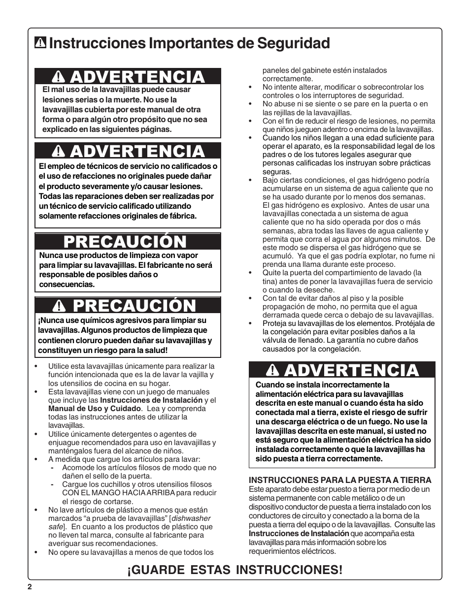 Precaución, Advertencia, Instrucciones importantes de seguridad | Guarde estas instrucciones | Bosch SRV53C User Manual | Page 44 / 64