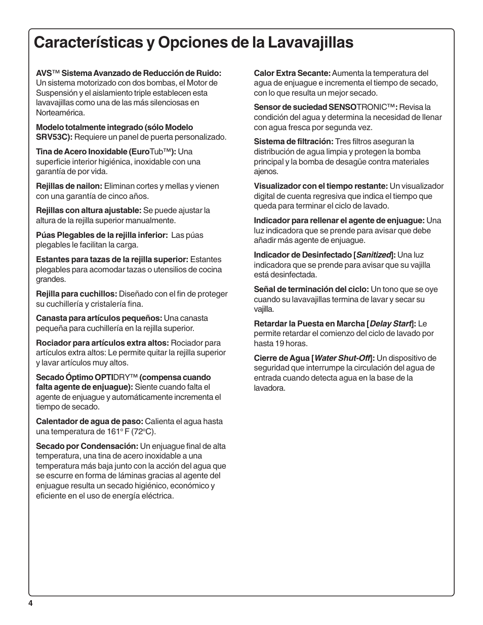 Características y opciones de la lavavajillas | Bosch SRV53C User Manual | Page 46 / 64