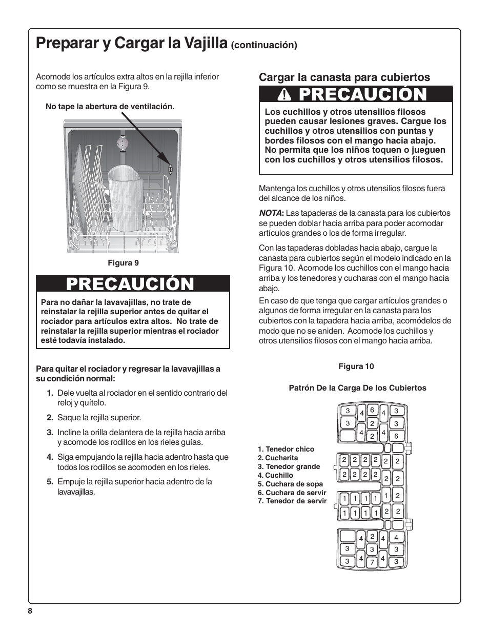 Precaución, Preparar y cargar la vajilla | Bosch SRV53C User Manual | Page 50 / 64