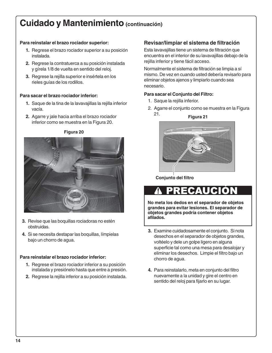 Precaución, Cuidado y mantenimiento | Bosch SRV53C User Manual | Page 56 / 64