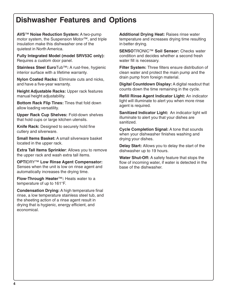 Dishwasher features and options | Bosch SRV53C User Manual | Page 6 / 64