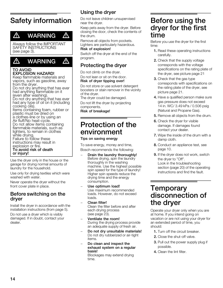 Safety information d, Protection of the environment, Before using the dryer for the first time | Temporary disconnection of the dryer, Warning, Before switching on the dryer, Using the dryer, Protecting the dryer | Bosch WTMC5521 User Manual | Page 14 / 68