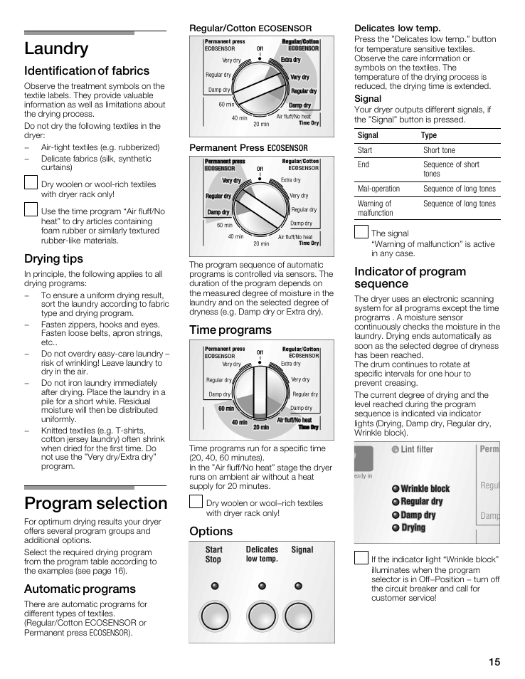 Laundry, Program selection, Identification of fabrics | Drying tips, Automatic programs, Time programs, Options, Indicator of program sequence | Bosch WTMC5521 User Manual | Page 15 / 68