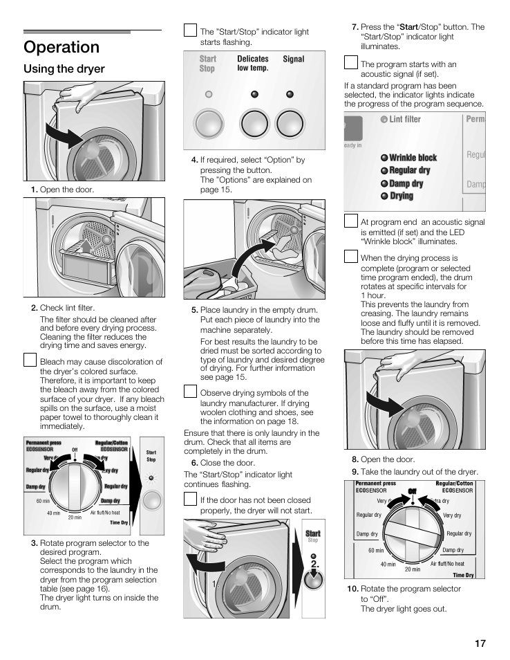 Operation, Using the dryer | Bosch WTMC5521 User Manual | Page 17 / 68