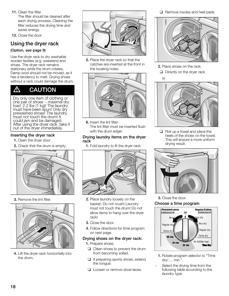 Caution, Using the dryer rack | Bosch WTMC5521 User Manual | Page 18 / 68