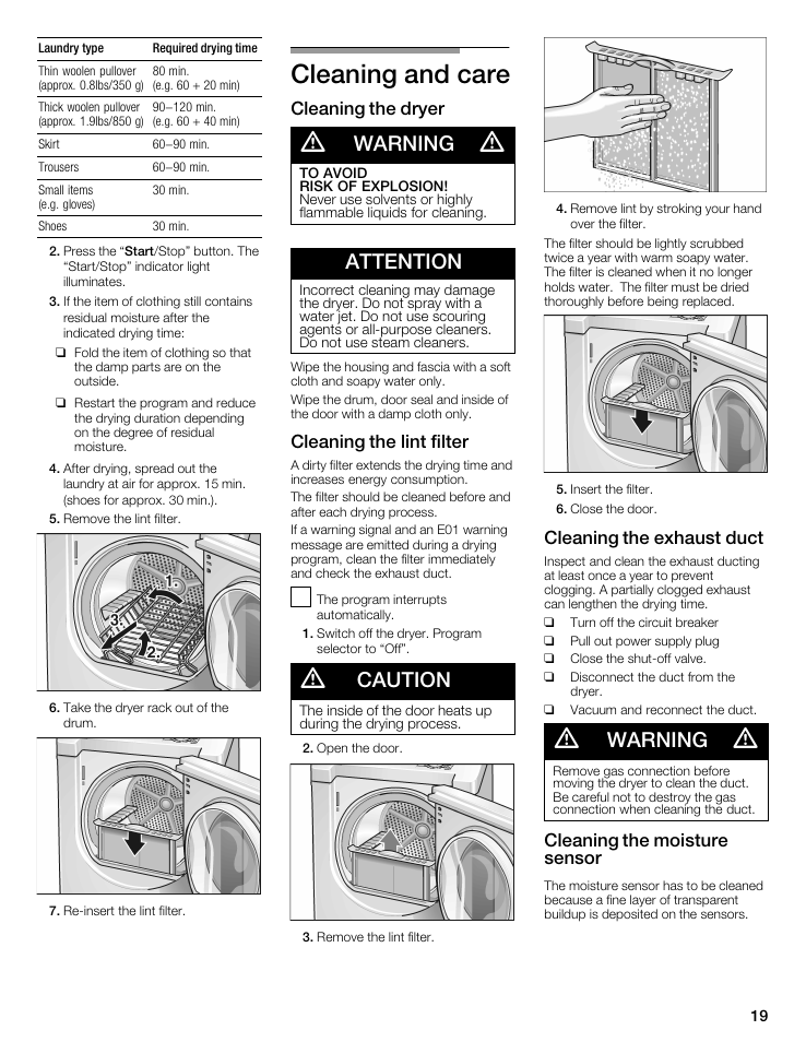 Cleaning and care, Warning, Attention | Caution, Cleaning the dryer, Cleaning the lint filter, Cleaning the exhaust duct, Cleaning the moisture sensor | Bosch WTMC5521 User Manual | Page 19 / 68