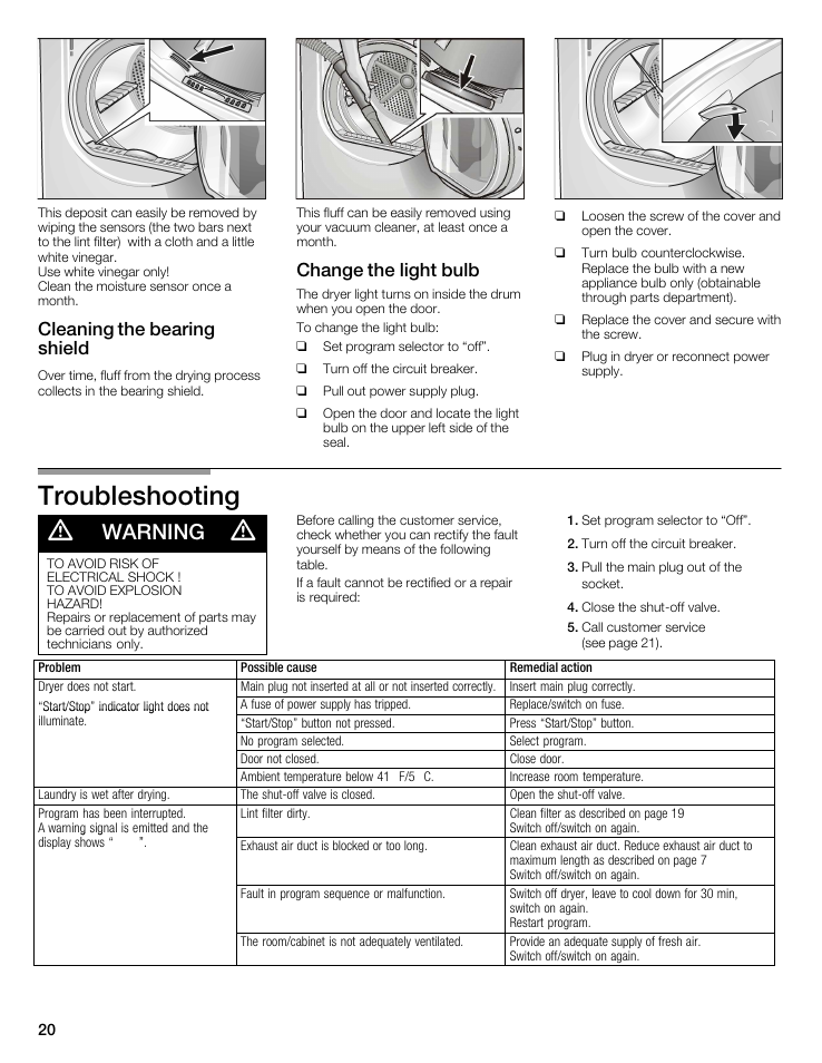 Troubleshooting d, Warning, Cleaning the bearing shield | Change the light bulb | Bosch WTMC5521 User Manual | Page 20 / 68