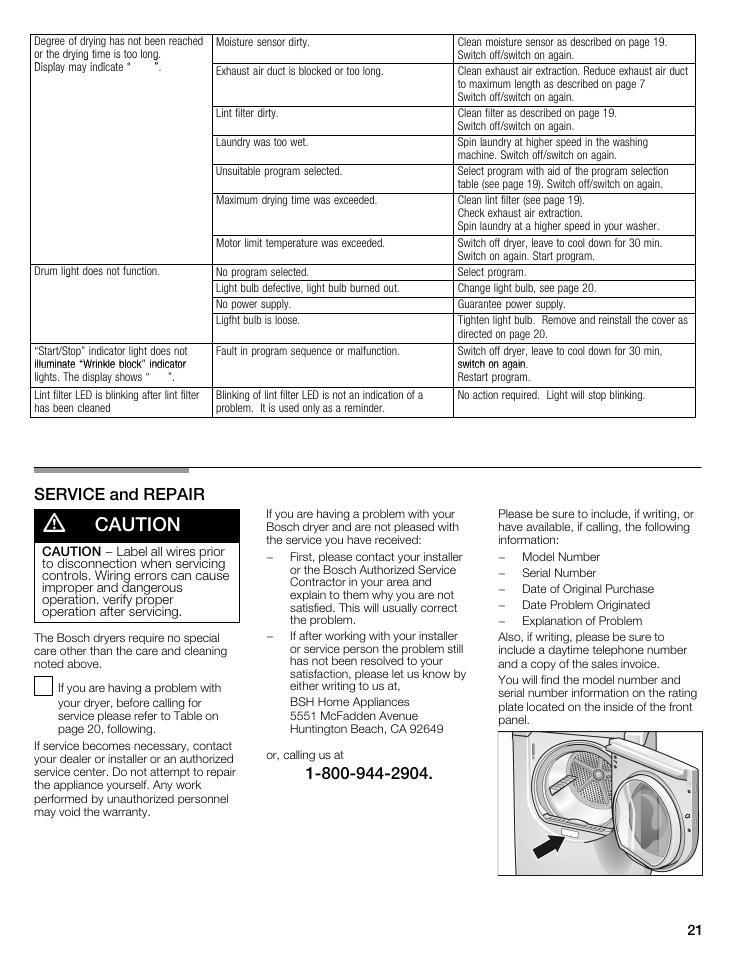 Caution, Service and repair | Bosch WTMC5521 User Manual | Page 21 / 68