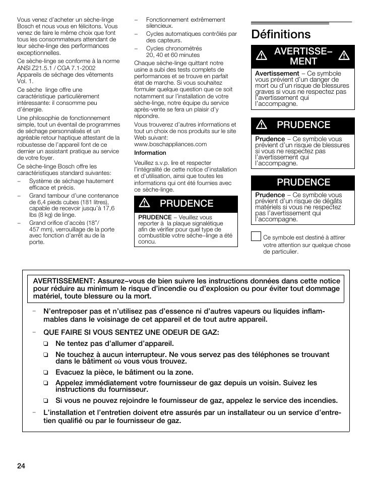 Définitions d, Prudence, Avertisse- ment | Bosch WTMC5521 User Manual | Page 24 / 68