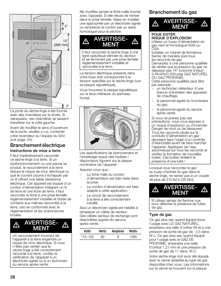 Avertisseć ment, Branchement électrique, Branchement du gaz | Bosch WTMC5521 User Manual | Page 28 / 68