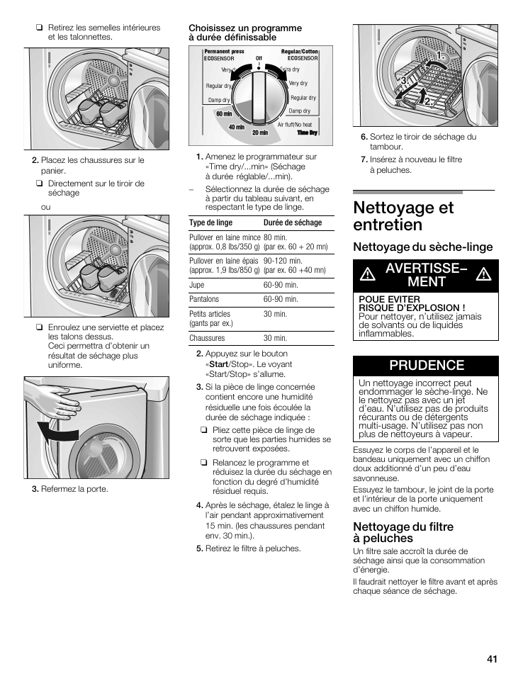 Nettoyage et entretien, Avertisse- ment, Prudence | Nettoyage du sèchećlinge, Nettoyage du filtre à peluches | Bosch WTMC5521 User Manual | Page 41 / 68