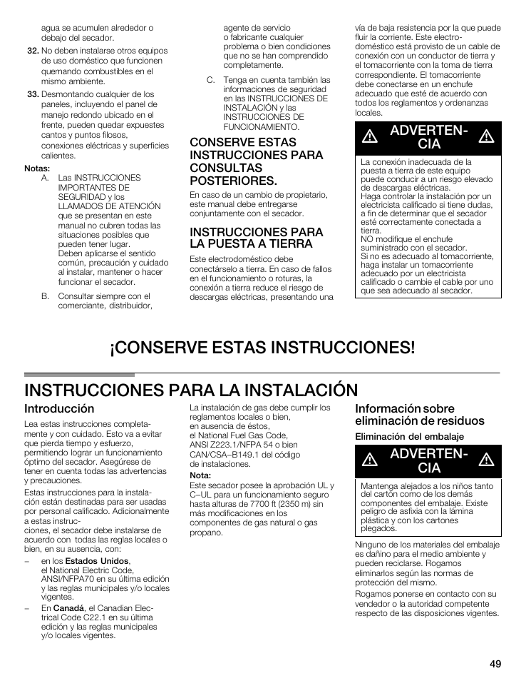 Advertenć cia, Instrucciones para la puesta a tierra, Introducción | Información sobre eliminación de residuos | Bosch WTMC5521 User Manual | Page 49 / 68