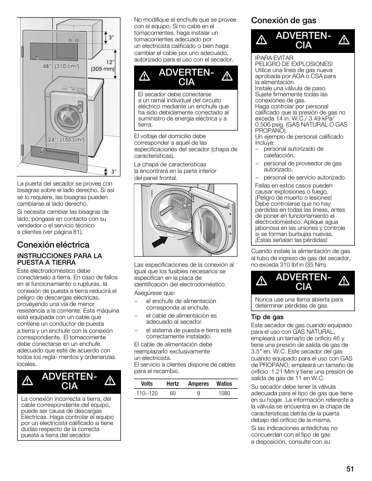 Advertenć cia, Conexión eléctrica, Conexión de gas | Bosch WTMC5521 User Manual | Page 51 / 68