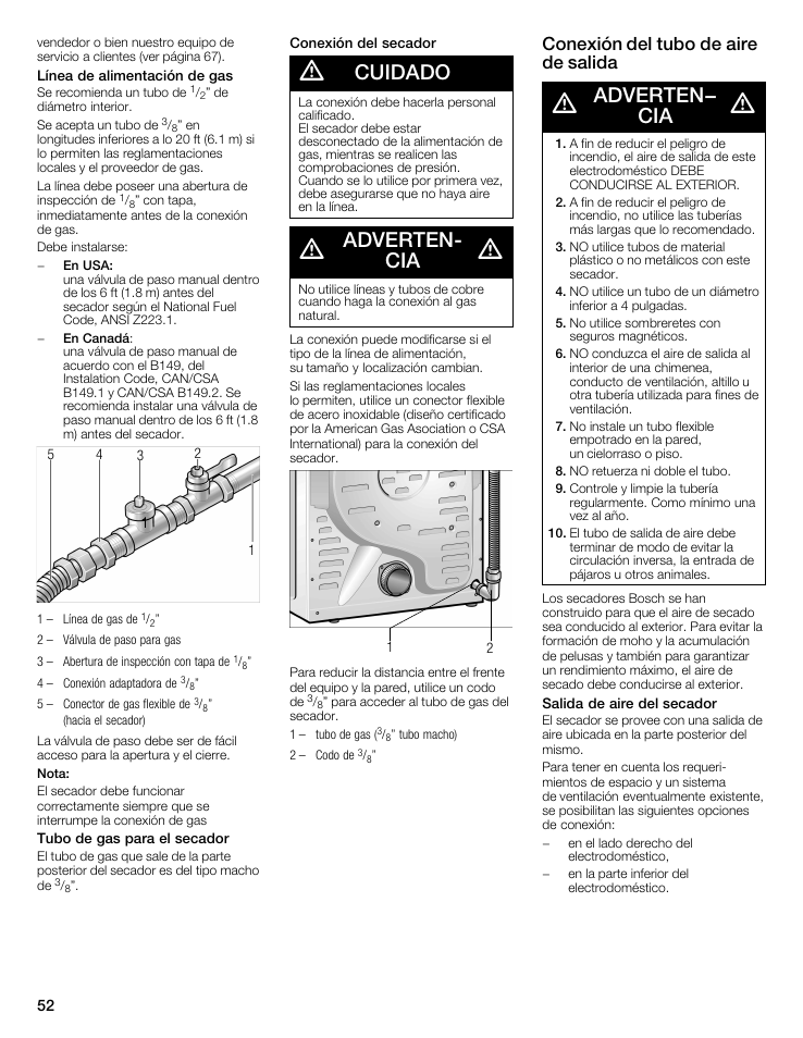 Cuidado, Advertenć cia, Adverten- cia | Conexión del tubo de aire de salida | Bosch WTMC5521 User Manual | Page 52 / 68
