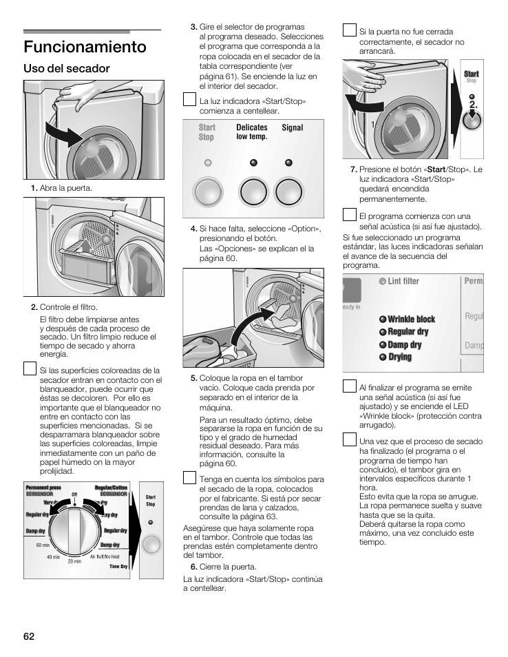 Funcionamiento, Uso del secador | Bosch WTMC5521 User Manual | Page 62 / 68