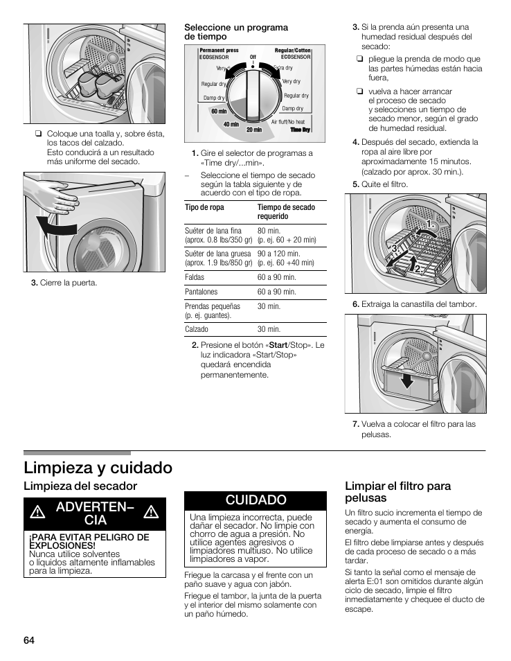 Limpieza y cuidado, Adverten- cia, Cuidado | Limpieza del secador, Limpiar el filtro para pelusas | Bosch WTMC5521 User Manual | Page 64 / 68