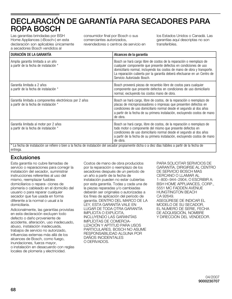 Exclusiones | Bosch WTMC5521 User Manual | Page 68 / 68