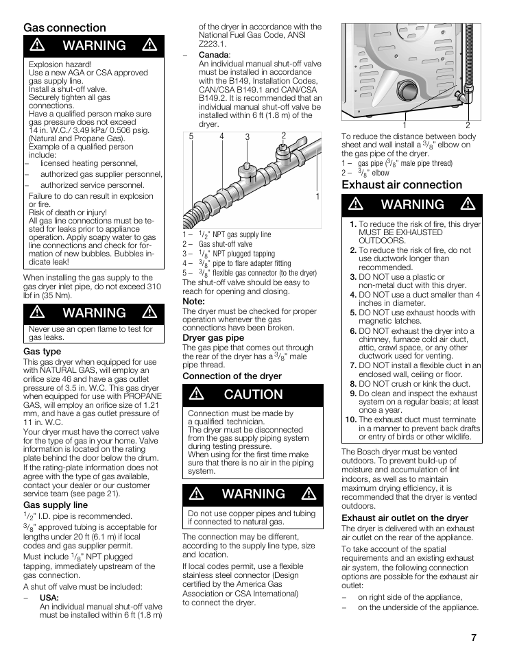 Warning, Caution, Gas connection | Exhaust air connection | Bosch WTMC5521 User Manual | Page 7 / 68
