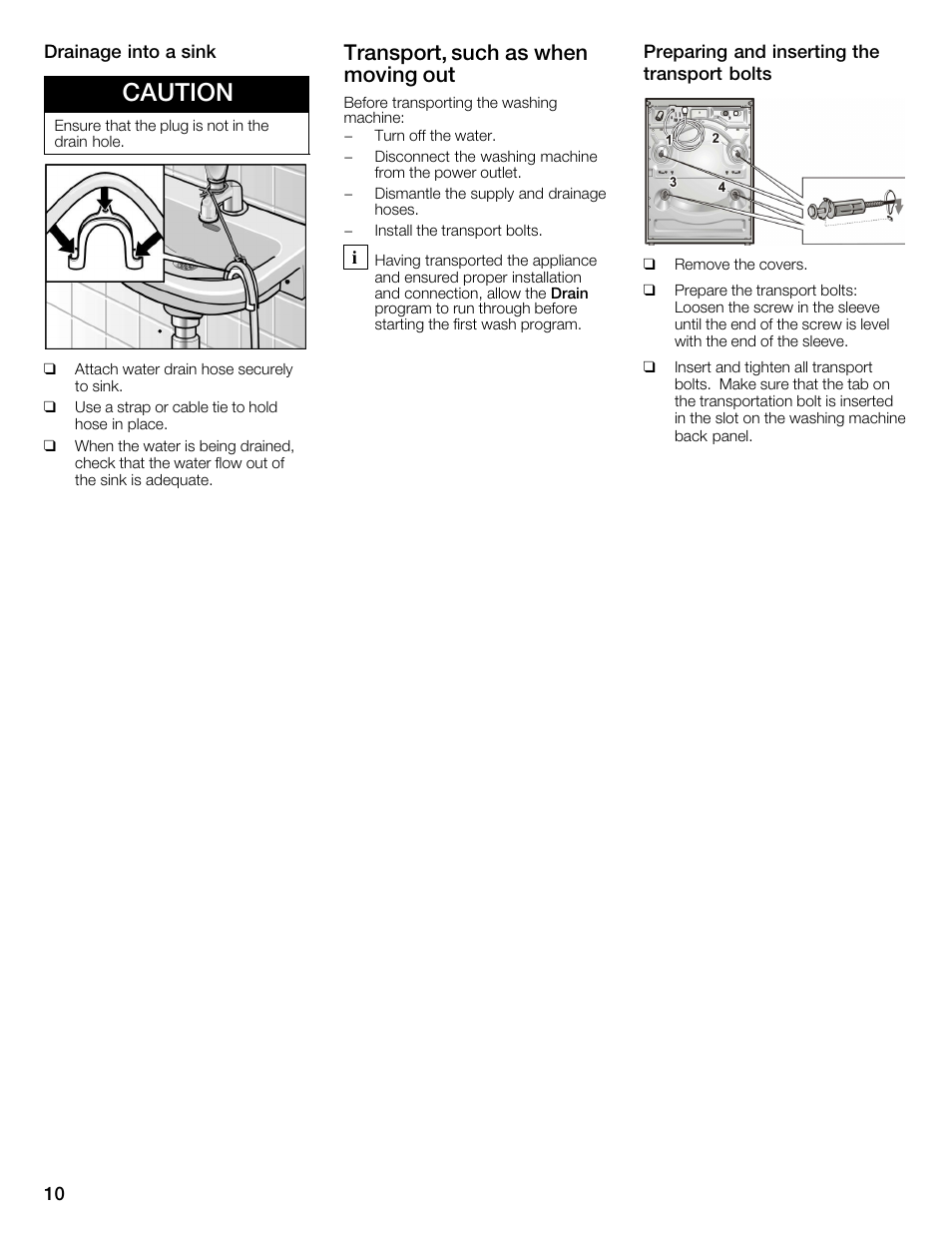 Caution, Transport, such as when moving out | Bosch WFMC6401UC User Manual | Page 10 / 104