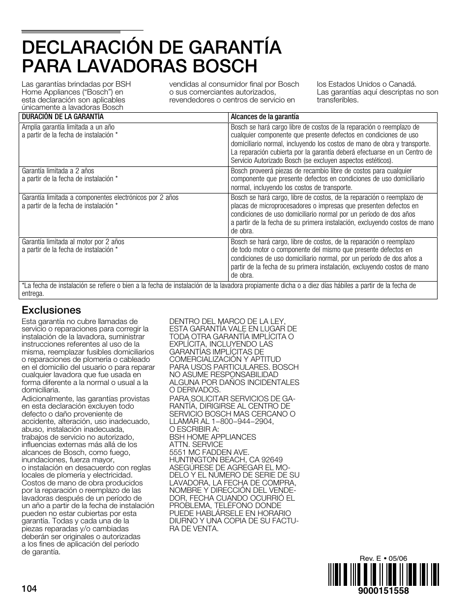 Declaración de garantía paraălavadoras bosch, Exclusiones | Bosch WFMC6401UC User Manual | Page 104 / 104