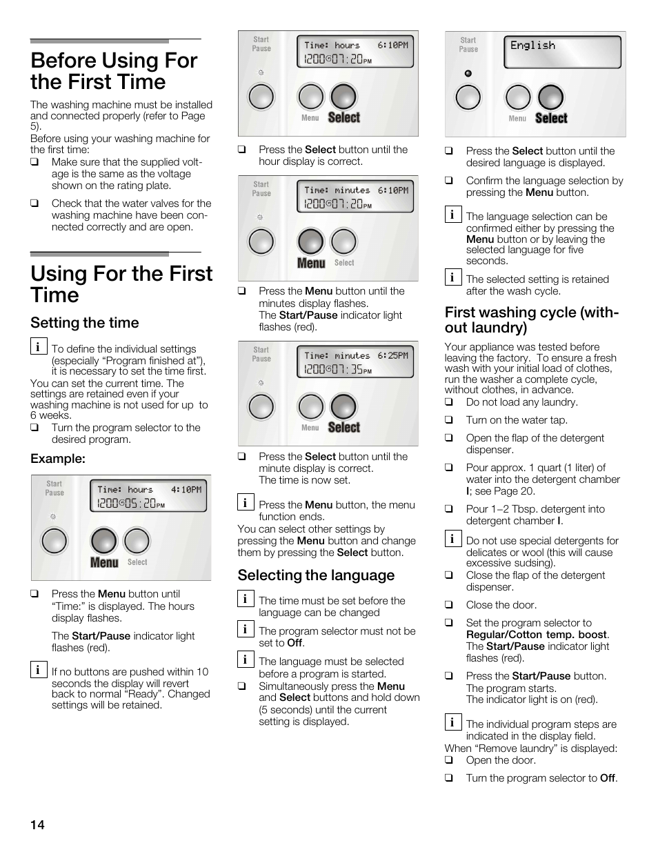 Before using for the first time, Using for the first time, Setting the time | Selecting the language, First washing cycle (withć out laundry) | Bosch WFMC6401UC User Manual | Page 14 / 104