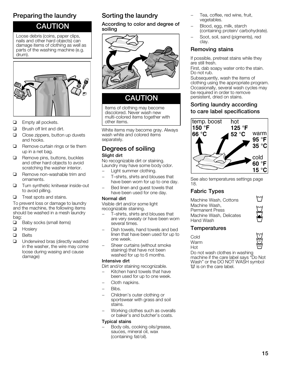 Caution, Preparing the laundry, Sorting the laundry | Degrees of soiling | Bosch WFMC6401UC User Manual | Page 15 / 104