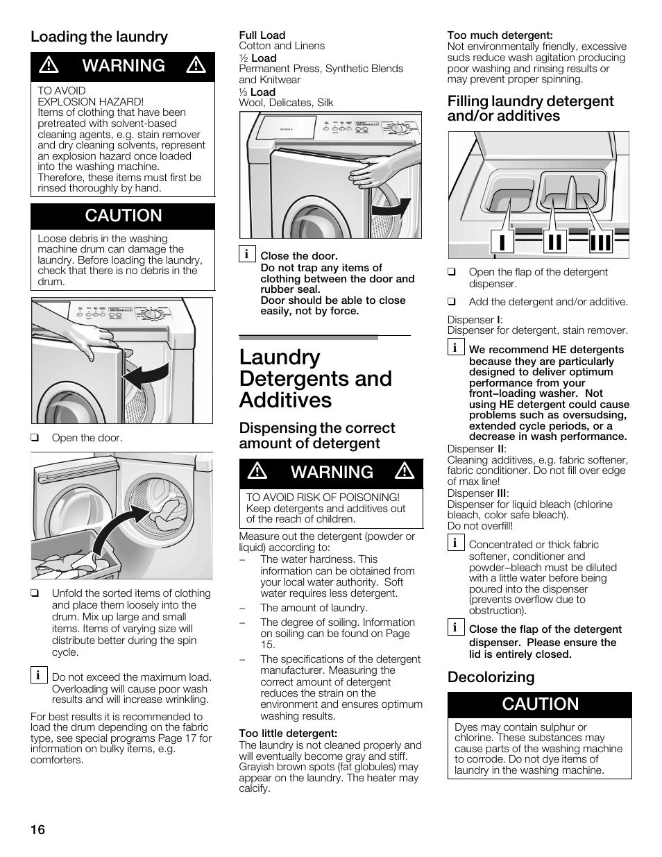 Laundry detergents and additives, Warning, Caution | Loading the laundry, Dispensing the correct amount of detergent, Filling laundry detergent and/or additives, Decolorizing | Bosch WFMC6401UC User Manual | Page 16 / 104