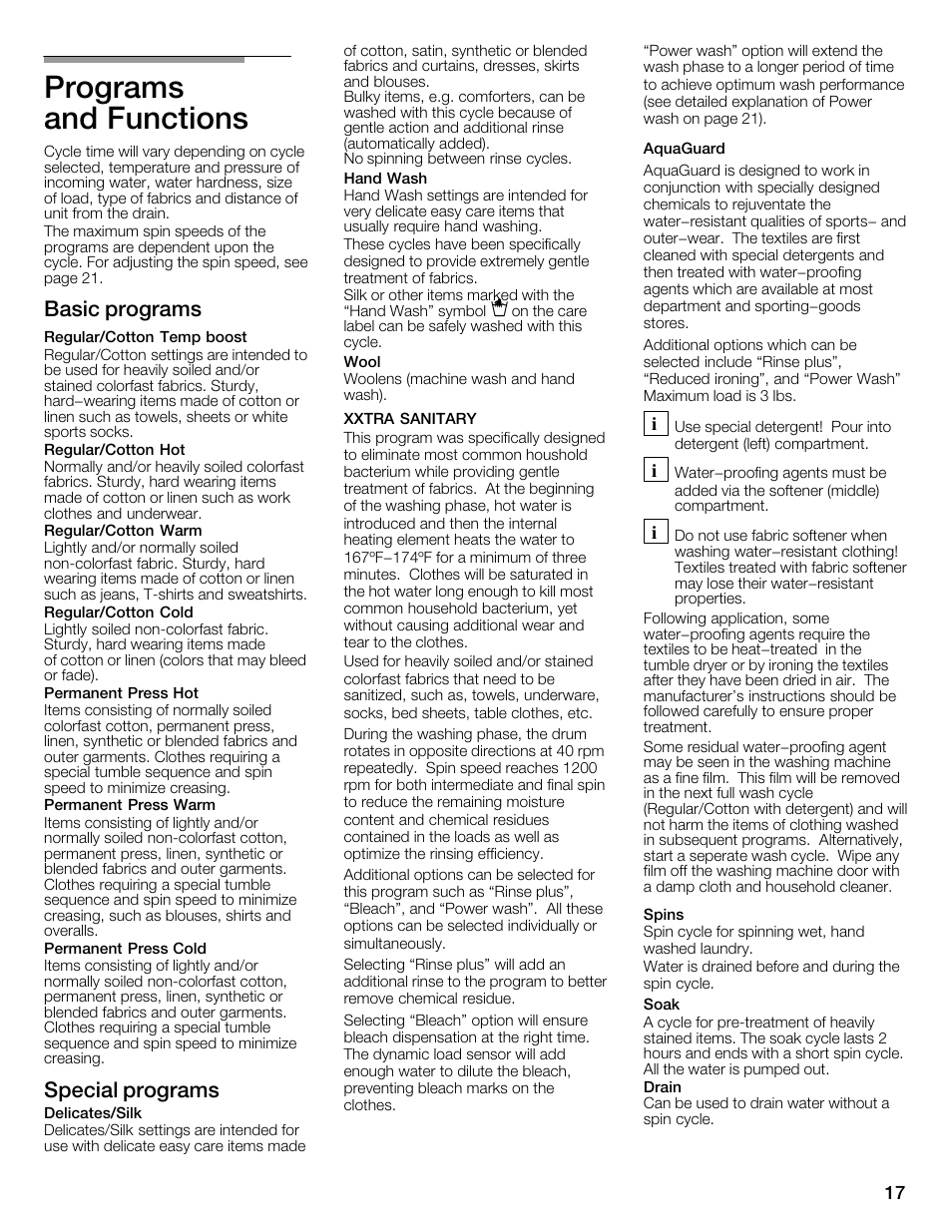 Programs and functions, Basic programs, Special programs | Bosch WFMC6401UC User Manual | Page 17 / 104