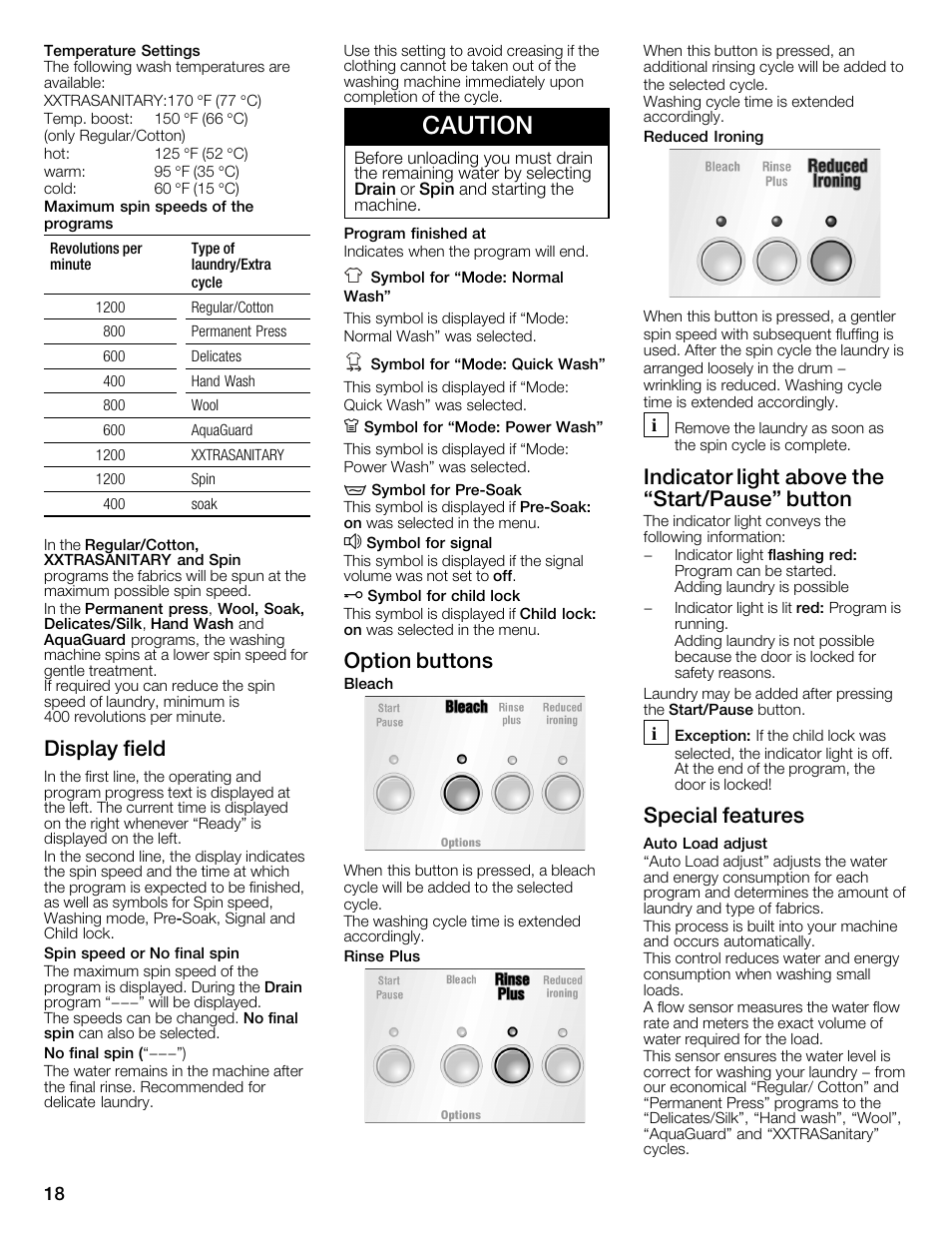 Caution, Display field, Option buttons | Indicator light above the start/pause" button, Special features | Bosch WFMC6401UC User Manual | Page 18 / 104