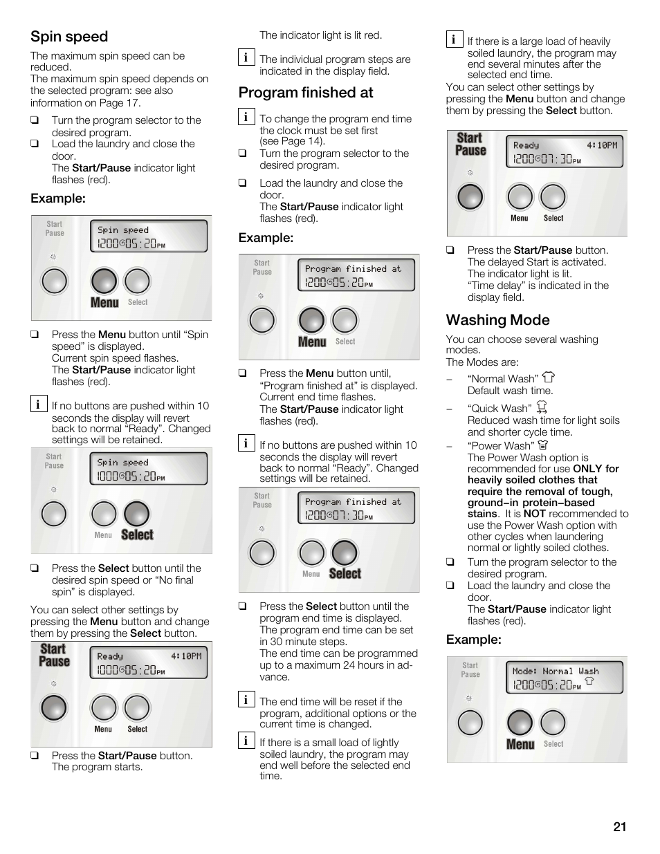 Spin speed, Program finished at, Washing mode | Bosch WFMC6401UC User Manual | Page 21 / 104