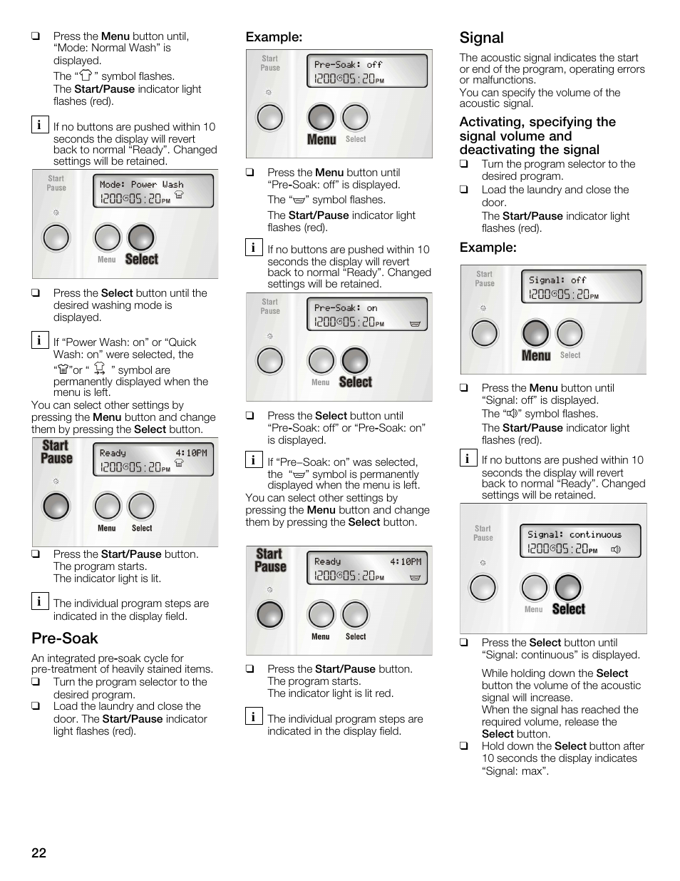 Prećsoak, Signal | Bosch WFMC6401UC User Manual | Page 22 / 104