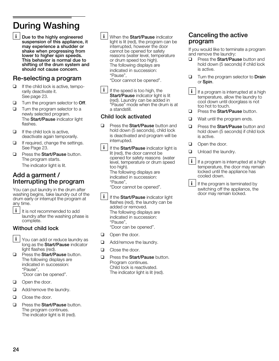 During washing, Rećselecting a program, Add a garment / interrupting the program | Canceling the active program | Bosch WFMC6401UC User Manual | Page 24 / 104