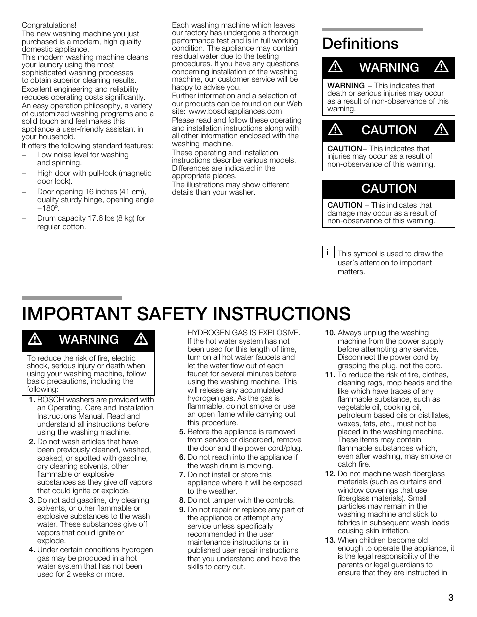 Important safety instructions, Definitions d, Warning | Caution | Bosch WFMC6401UC User Manual | Page 3 / 104