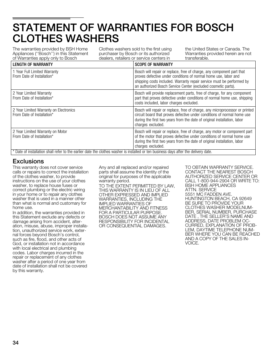 Statement of warranties for bosch clothes washers, Exclusions | Bosch WFMC6401UC User Manual | Page 34 / 104