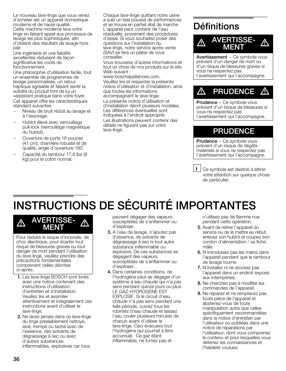 Instructions de sécurité importantes, Définitions d, Avertisseć ment | Prudence | Bosch WFMC6401UC User Manual | Page 36 / 104