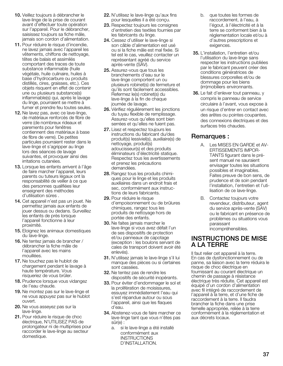 Remarques, Instructions de mise a la terre | Bosch WFMC6401UC User Manual | Page 37 / 104