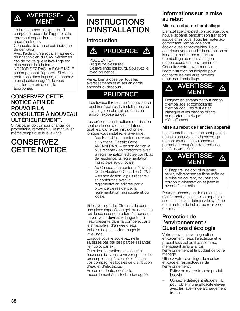 Conservez cette notice instructions d'installation, Avertisseć ment, Prudence | Introduction, Informations sur la mise au rebut | Bosch WFMC6401UC User Manual | Page 38 / 104