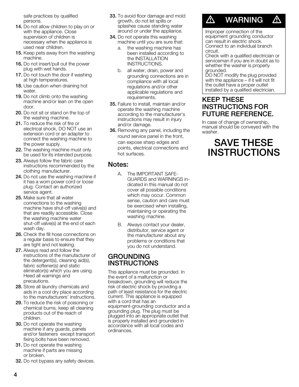 Save these instructions, Warning, Grounding instructions | Keep these instructions for future reference | Bosch WFMC6401UC User Manual | Page 4 / 104