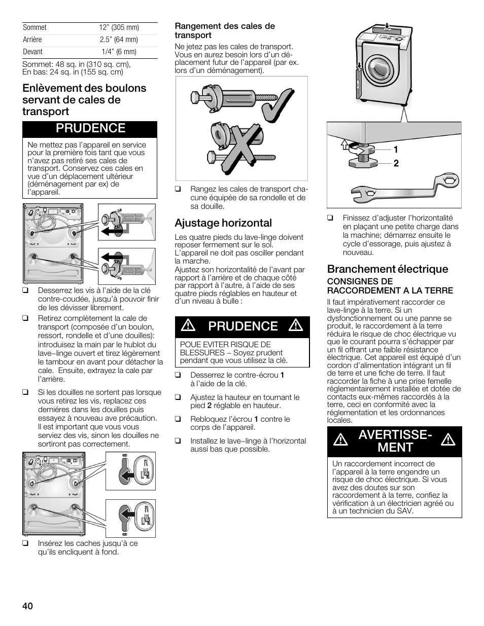 Prudence, Avertisseć ment, Ajustage horizontal | Branchement électrique | Bosch WFMC6401UC User Manual | Page 40 / 104