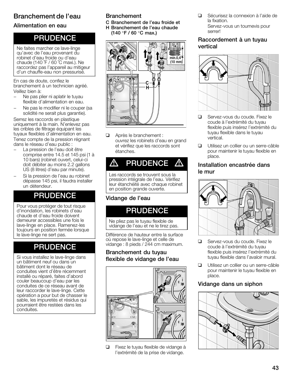 Prudence, Branchement de l'eau | Bosch WFMC6401UC User Manual | Page 43 / 104