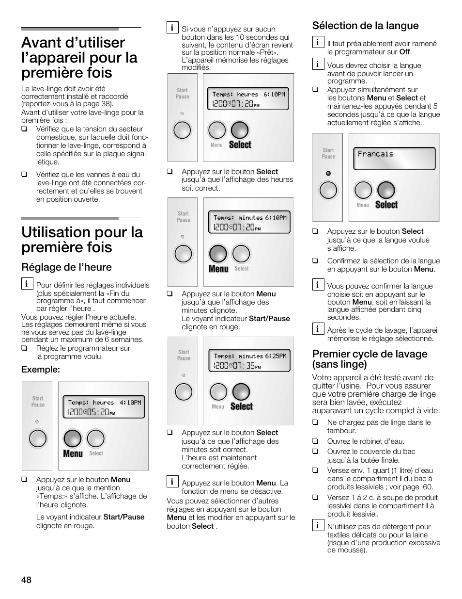 Avant d'utiliser l'appareil pour la première fois, Utilisation pour la première fois, Réglage de l'heure | Sélection de la langue, Premier cycle de lavage (sans linge) | Bosch WFMC6401UC User Manual | Page 48 / 104