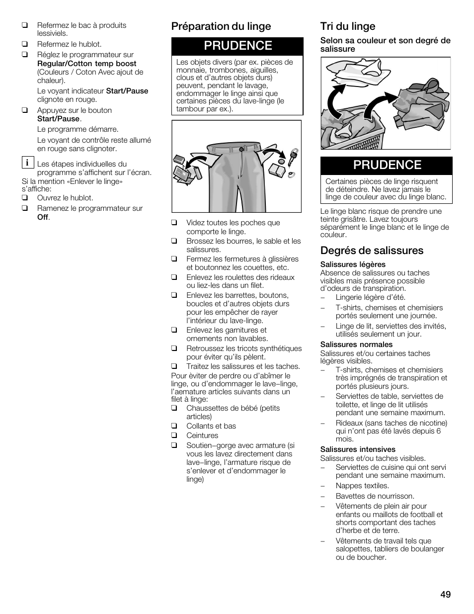 Prudence, Préparation du linge, Tri du linge | Degrés de salissures | Bosch WFMC6401UC User Manual | Page 49 / 104