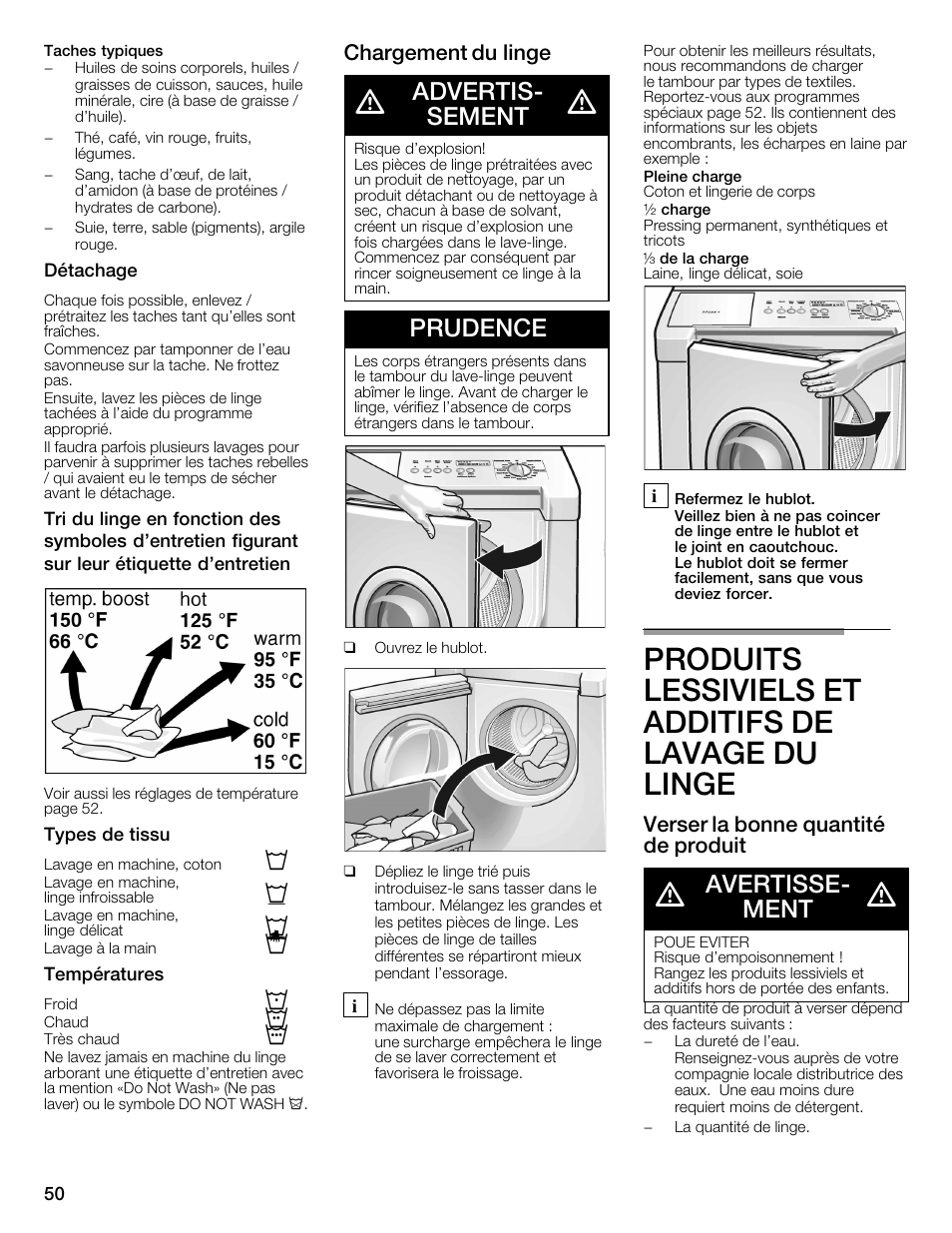 Produits lessiviels et additifs de lavage du linge, Advertisć sement, Prudence | Avertisseć ment, Chargement du linge, Verser la bonne quantité de produit | Bosch WFMC6401UC User Manual | Page 50 / 104